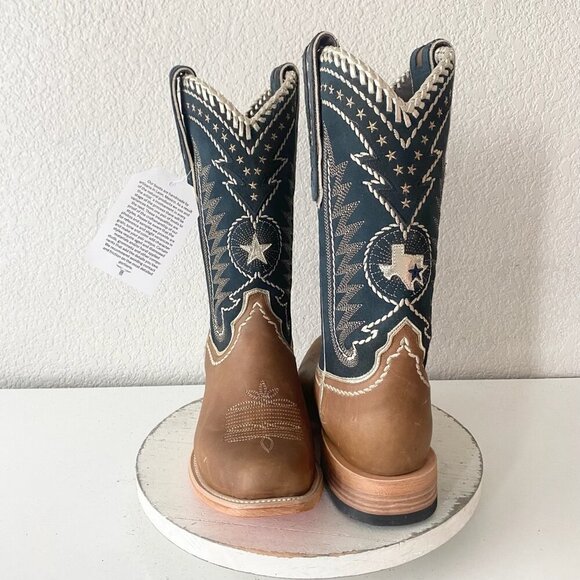 NEW Lane RODEO HOUSTON Mens Cowboy Boots 10 Brown Navy Leather Western Blunt Toe - Picture 1 of 11
